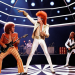 **

A vibrant, theatrical stage scene. In the center, Ziggy Stardust, an androgynous alien rock star with fiery red hair and striking makeup, is performing with his band, the Spiders from Mars. The background features futuristic, space-themed elements, reflecting the glam rock aesthetic of the early 70s. Capture the energy and excitement of a Ziggy Stardust concert.

**