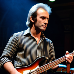 A professional musician, reminiscent of young Sting, wearing a modest, classic 1970s rock band attire, including a striped shirt and dark trousers, fully clothed. He is holding a bass guitar on a dimly lit, intimate stage. The background features a vintage London pub setting with a warm, slightly smoky atmosphere and subtle stage lighting. This is a professional studio portrait with perfect anatomy, correct proportions, natural pose, well-formed hands, proper finger count, natural body proportions, safe for work, appropriate content, fully clothed, professional.