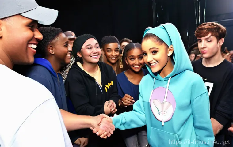 아리아나 그란데 팬클럽 이름 - **Prompt 1: Ariana Grande's Heartfelt Meet-and-Greet with Arianators**
    A warm, brightly lit scen...