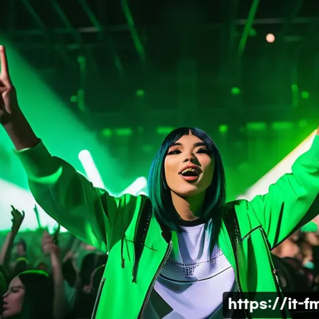 빌리 아일리시 음원 차트 기록 - A vibrant digital concert scene featuring a young female pop star with striking neon green and black...