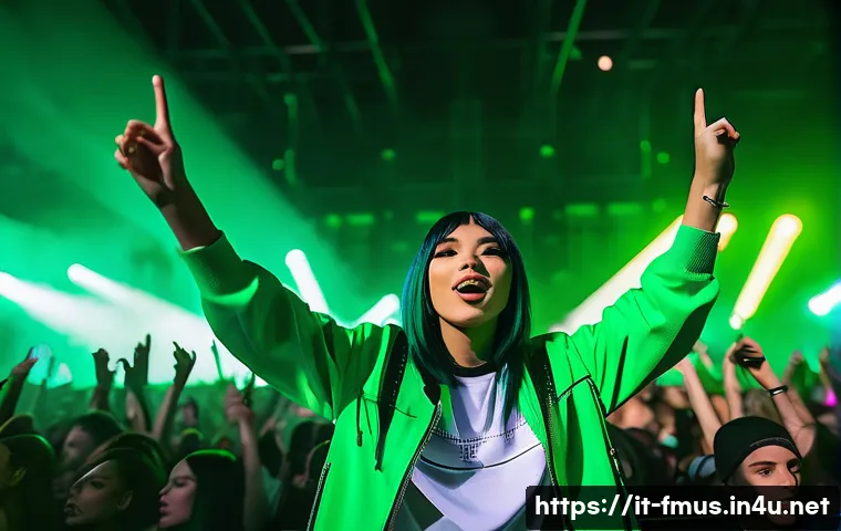 빌리 아일리시 음원 차트 기록 - A vibrant digital concert scene featuring a young female pop star with striking neon green and black...