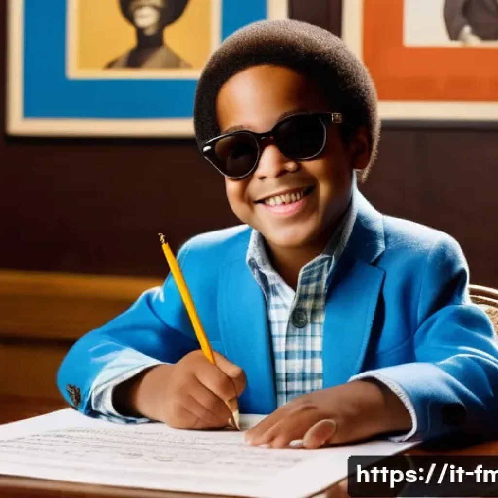스티비 원더 비하인드 스토리 - A vibrant and dynamic portrait of a young Stevie Wonder at age 7, signing his first record contract ...