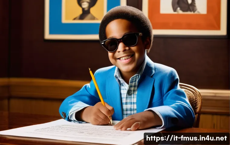 스티비 원더 비하인드 스토리 - A vibrant and dynamic portrait of a young Stevie Wonder at age 7, signing his first record contract ...