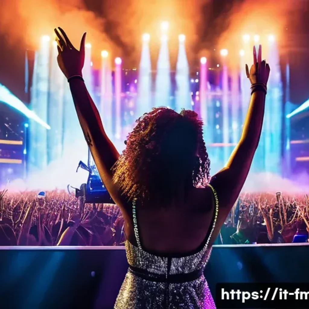 비욘세 차트 순위 - A dynamic and stylish female pop star performing on a grand concert stage in front of a massive, div...