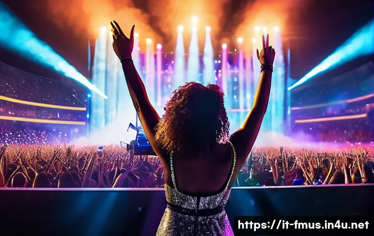 비욘세 차트 순위 - A dynamic and stylish female pop star performing on a grand concert stage in front of a massive, div...