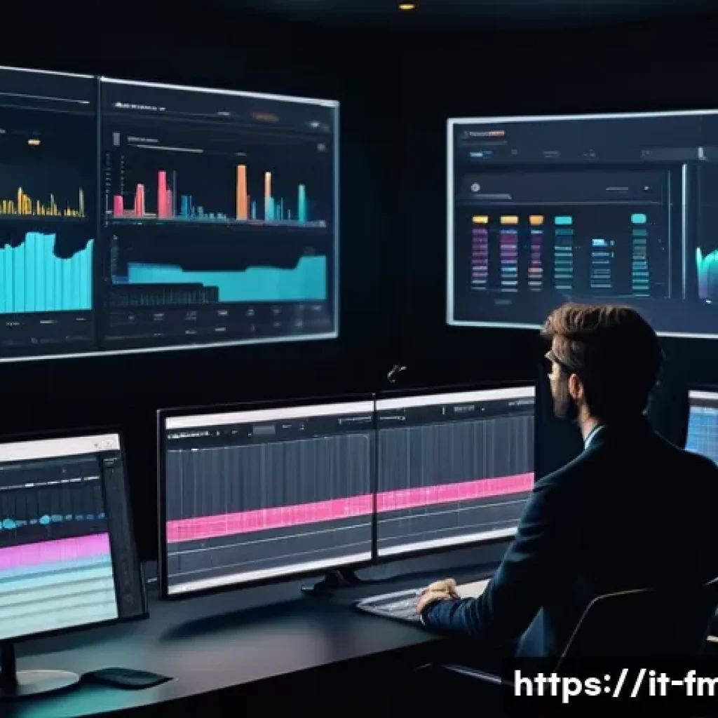 비틀즈 음원 수익 - A sophisticated digital music studio scene showcasing a team of music industry professionals analyzi...