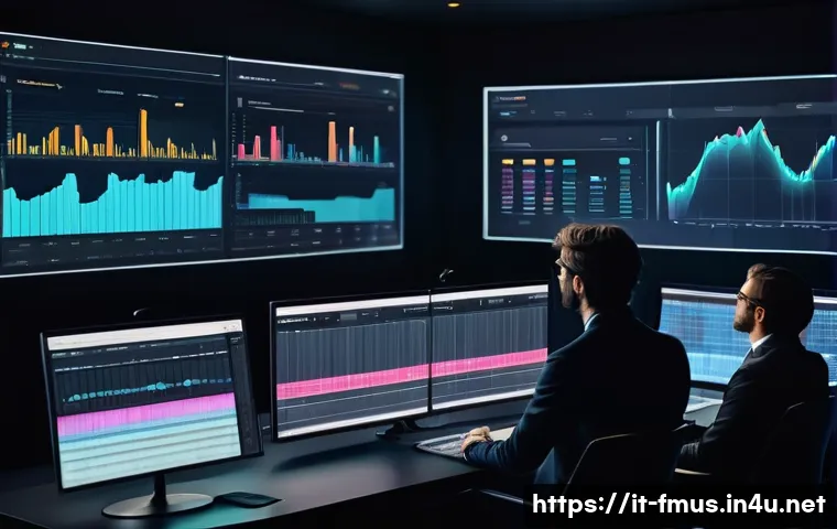 비틀즈 음원 수익 - A sophisticated digital music studio scene showcasing a team of music industry professionals analyzi...