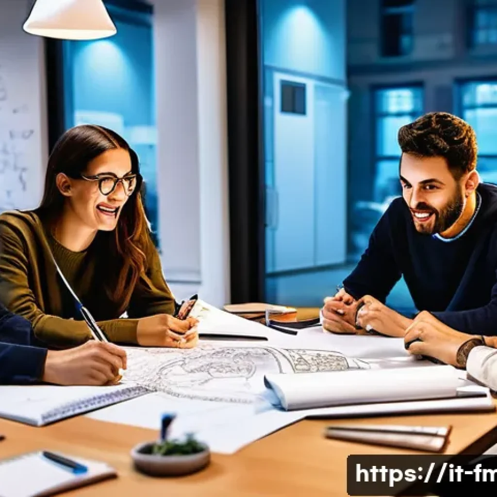 니요 비하인드 스토리 - A dynamic and inspiring office scene depicting a diverse Italian startup team collaborating late int...