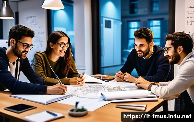 니요 비하인드 스토리 - A dynamic and inspiring office scene depicting a diverse Italian startup team collaborating late int...