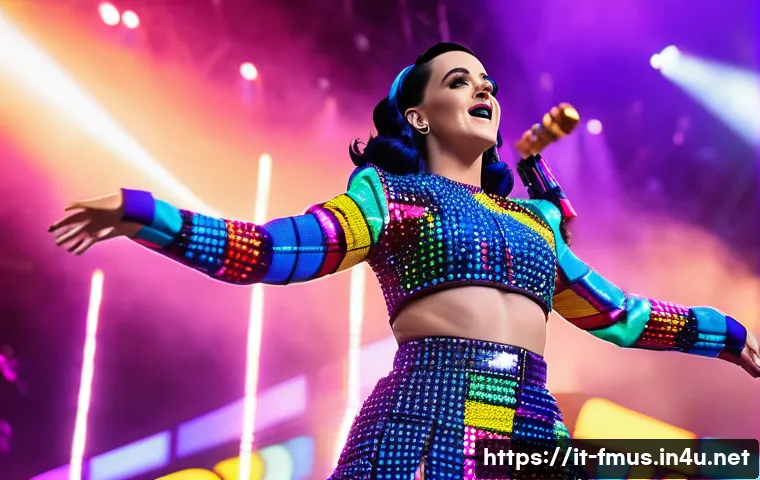 케이티 페리 차트 순위 - A vibrant concert scene featuring a female pop icon resembling Katy Perry performing on a grand stag...