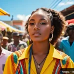 Home 21 리한나 프로필 - A vibrant portrait of a young female pop star from Barbados, standing confidently in a colorful Brid...