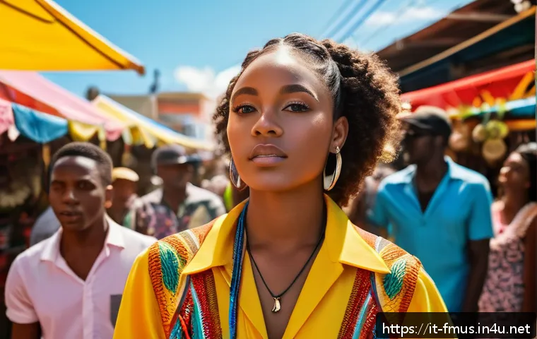 리한나 프로필 - A vibrant portrait of a young female pop star from Barbados, standing confidently in a colorful Brid...