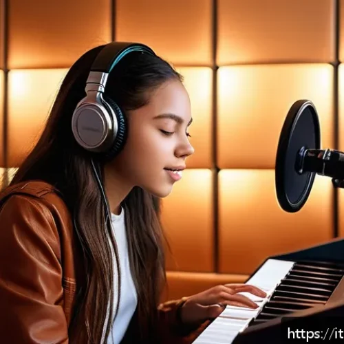 Home 32 올리비아 로드리고 리메이크 곡 - A contemporary music studio scene featuring a young female singer-songwriter inspired by Olivia Rodr...