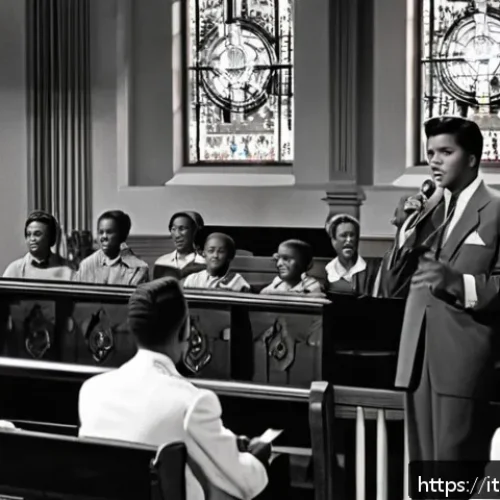 Home 30 엘비스 프레슬리 비하인드 스토리 - A warm, intimate scene inside a Southern Baptist church during the 1950s, featuring a young Elvis Pr...