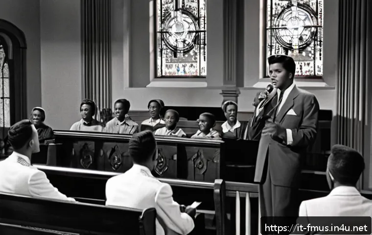 엘비스 프레슬리 비하인드 스토리 - A warm, intimate scene inside a Southern Baptist church during the 1950s, featuring a young Elvis Pr...